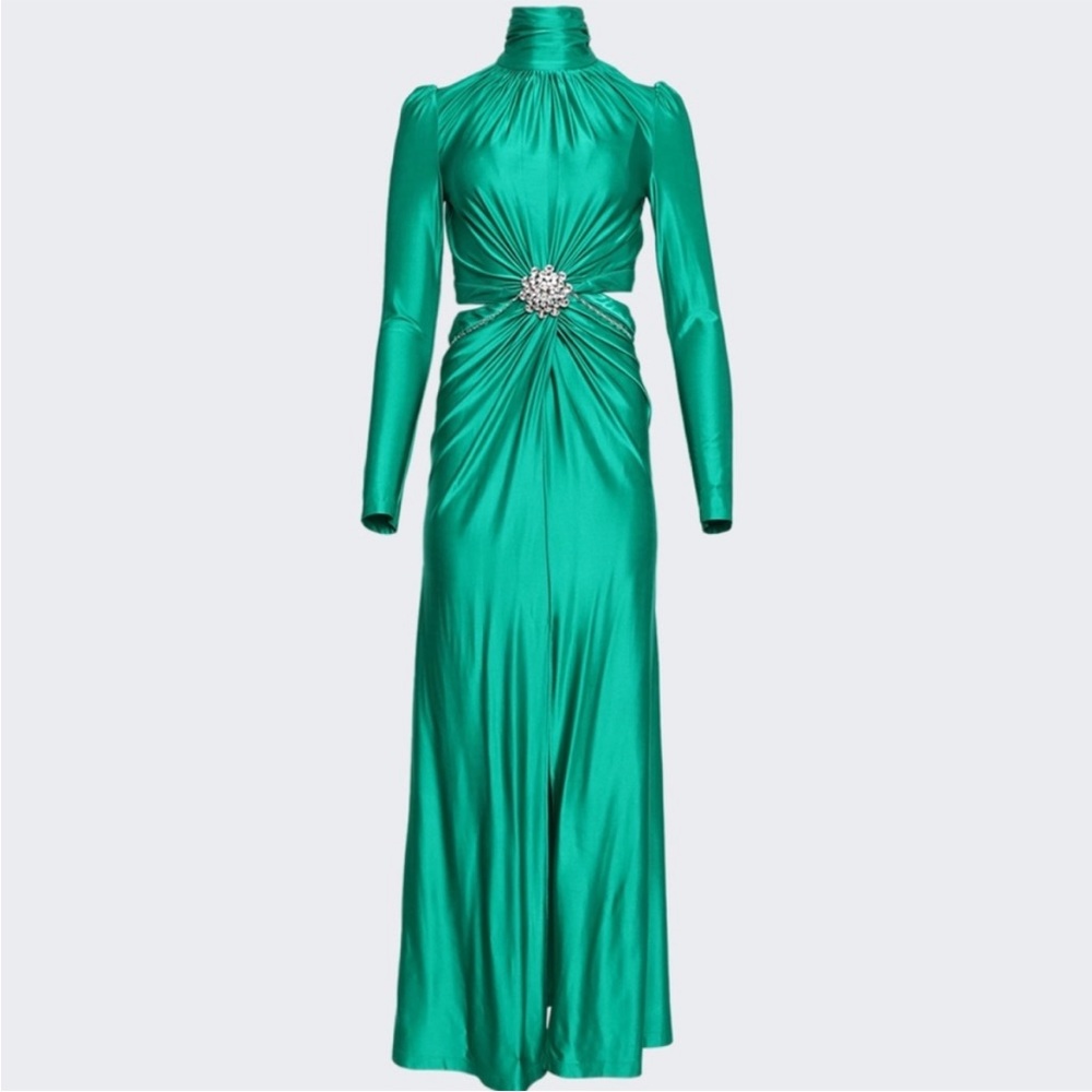 PACO RABANNE Crystal-embellished cutout stretch-satin jersey gown size 36
